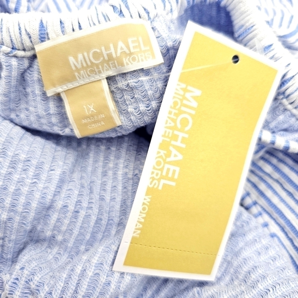 NWT MICHAEL KORS Womens Blue Striped Elastic Waist Off shoulders sleeve 1X - Picture 7 of 9
